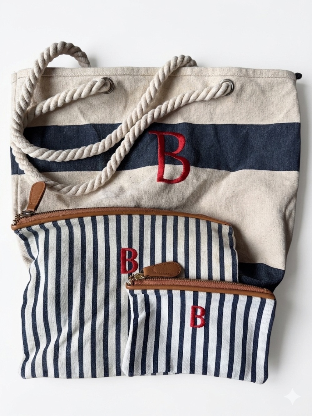 Striped Canvas Bag & (2) Pouches with Red ”B” Initial